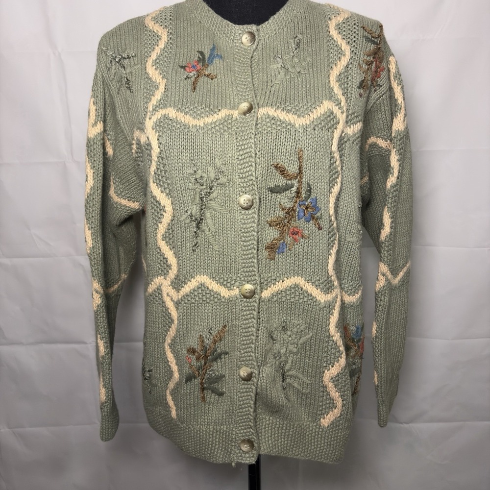 Susan Bristol Vintage 1997 Hand Knit Embroidered Floral Cardigan Sweater Green L